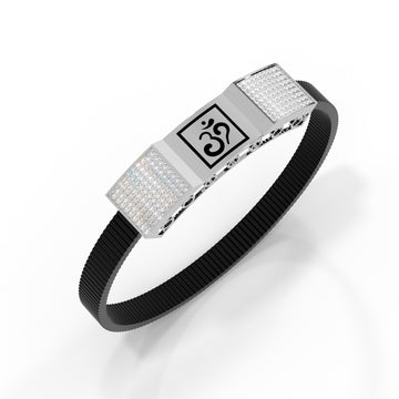 Men's White Gold Om Black Strap Bracelet