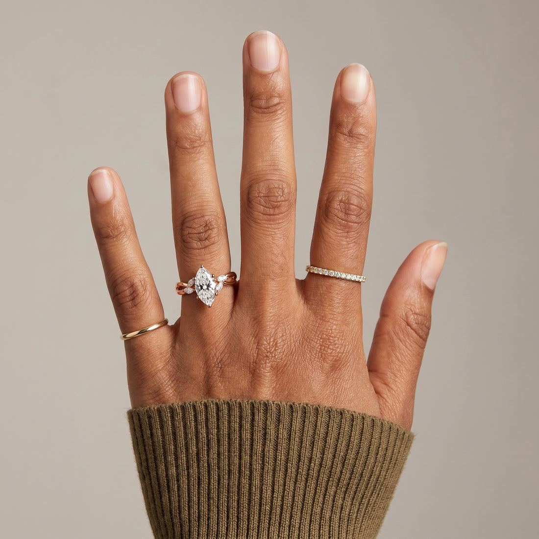 1.5 carat marquise cut moissanite infinity ring in 925 sterling silver front view