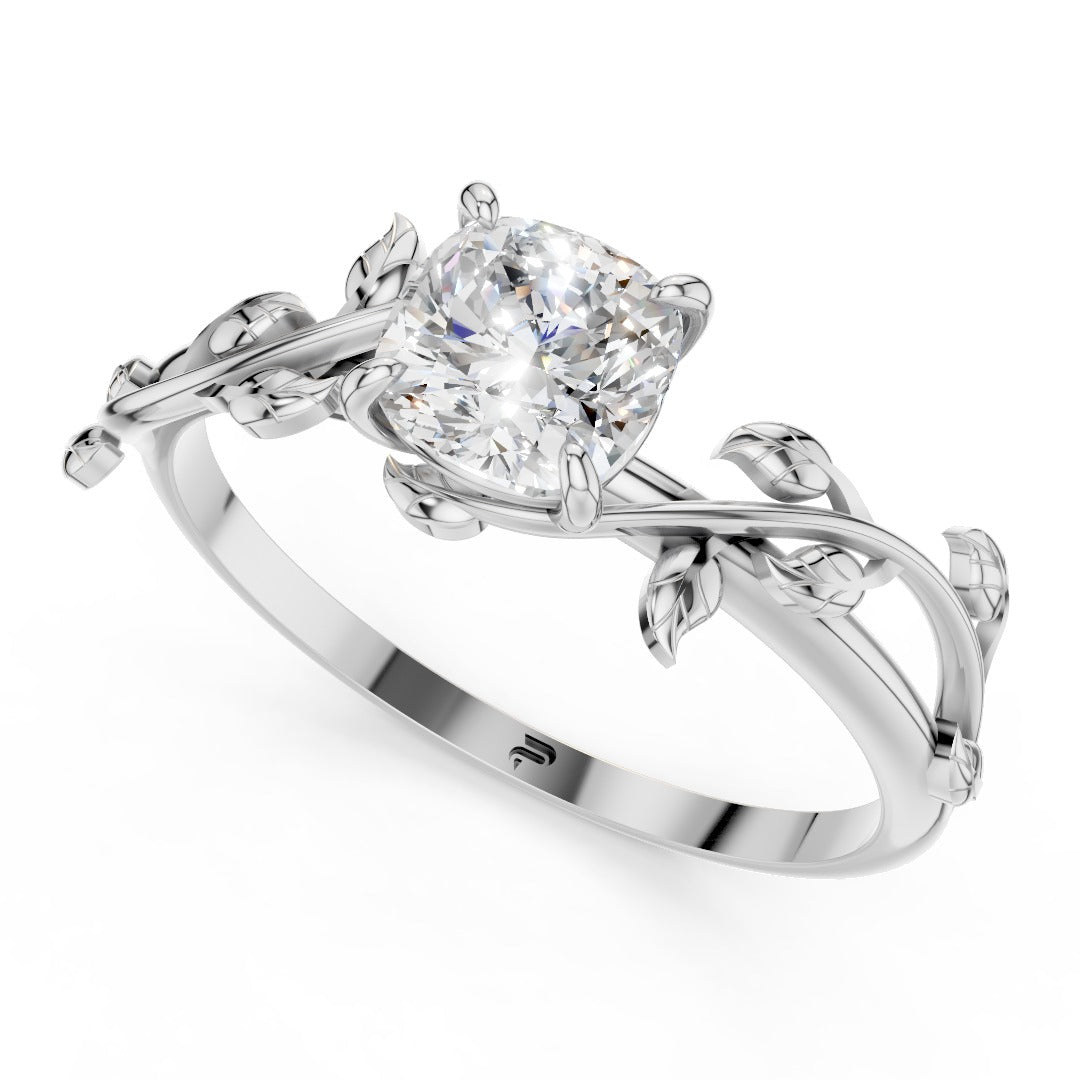 Nature Inspired Moissanite Engagement Ring - Cushion Cut Solitaire with Vine & Leaf Sterling Silver Band