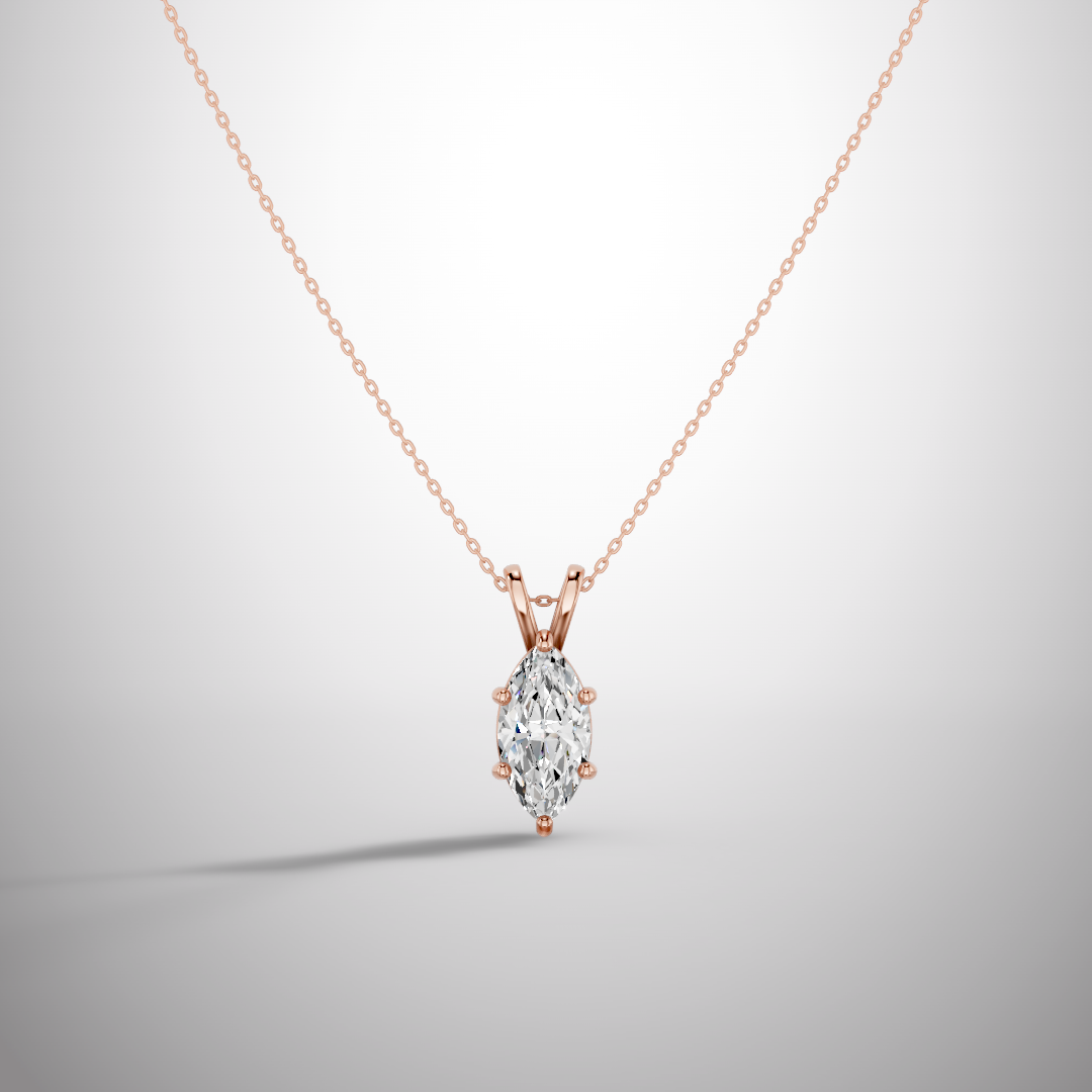Close-up of 1 carat marquise cut moissanite pendant in sterling silver prong setting