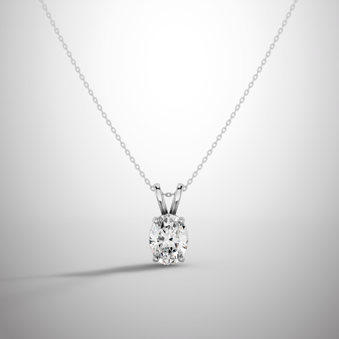 Close-up of 1 carat oval moissanite stone brilliance in silver pendant necklace
