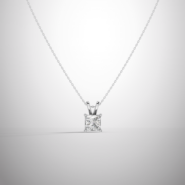Close-up of 1 carat princess cut moissanite pendant in sterling silver prong setting