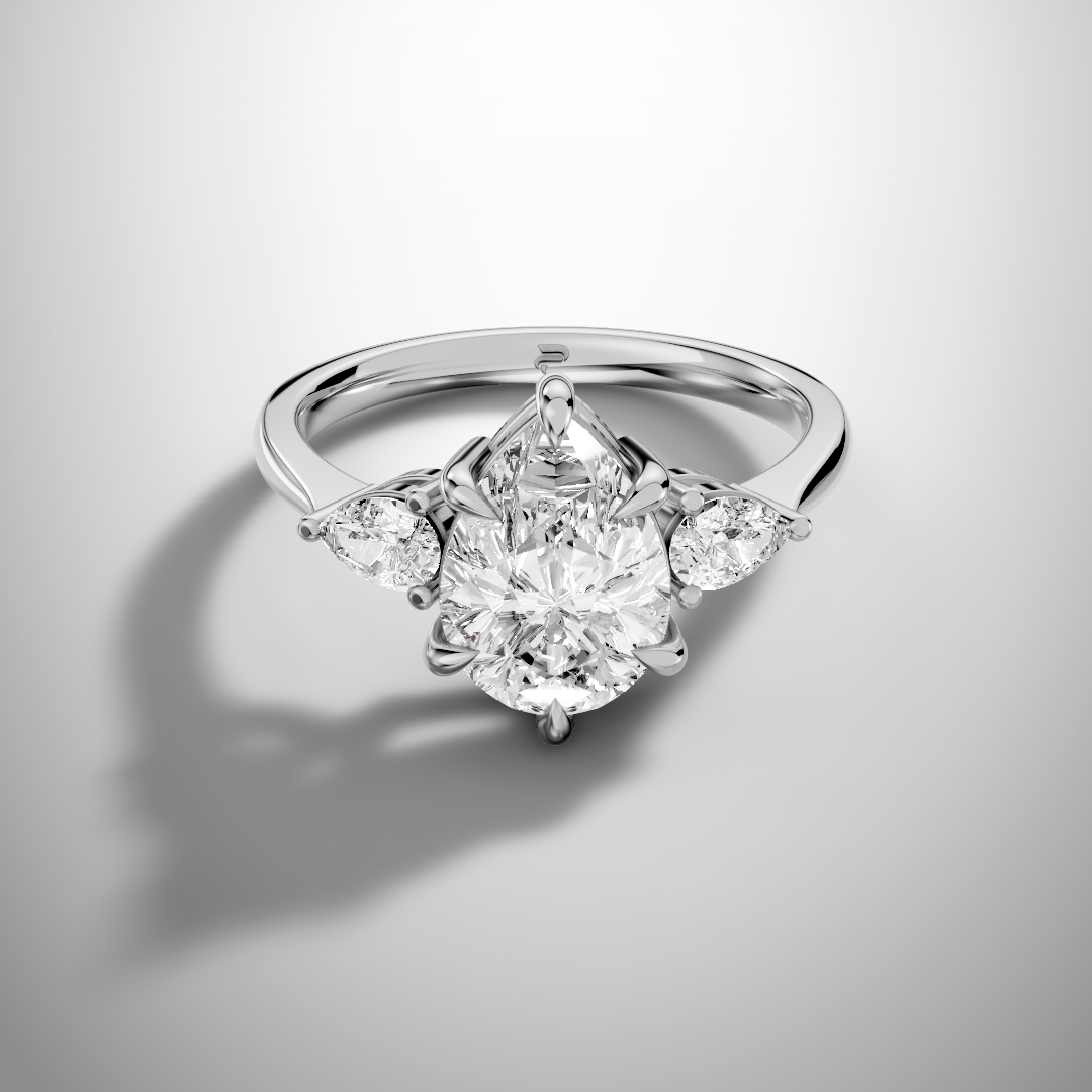 2 carat Pear cut moissanite three stone ring in 925 sterling silver front view