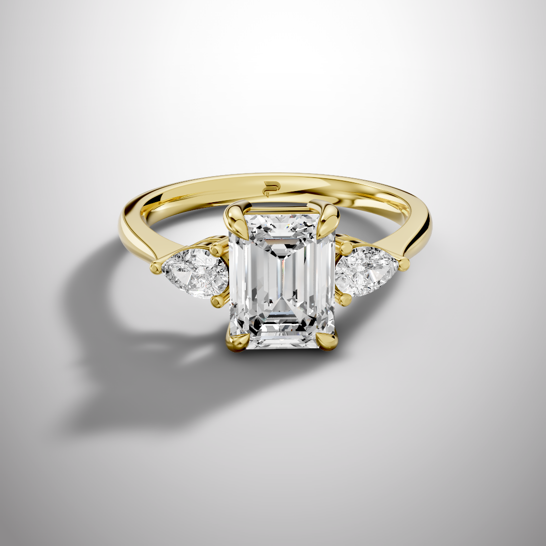 2 carat emerald cut moissanite three stone ring in 925 sterling silver front view