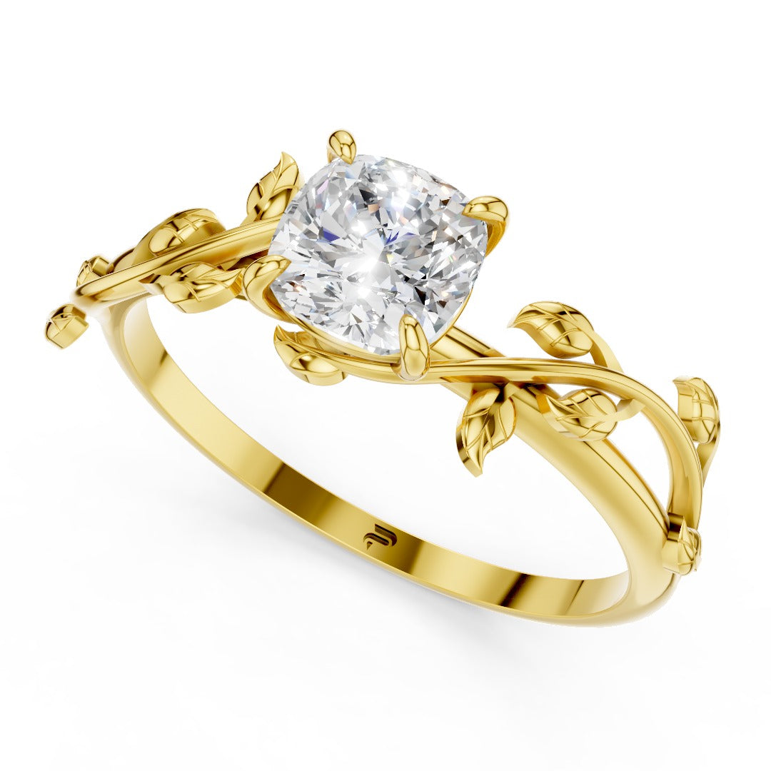 Nature Inspired Moissanite Engagement Ring - Cushion Cut Solitaire with Vine & Leaf Sterling Silver Band