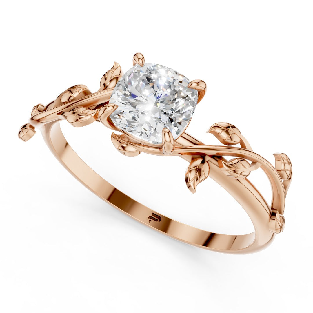 Nature Inspired Moissanite Engagement Ring - Cushion Cut Solitaire with Vine & Leaf Sterling Silver Band