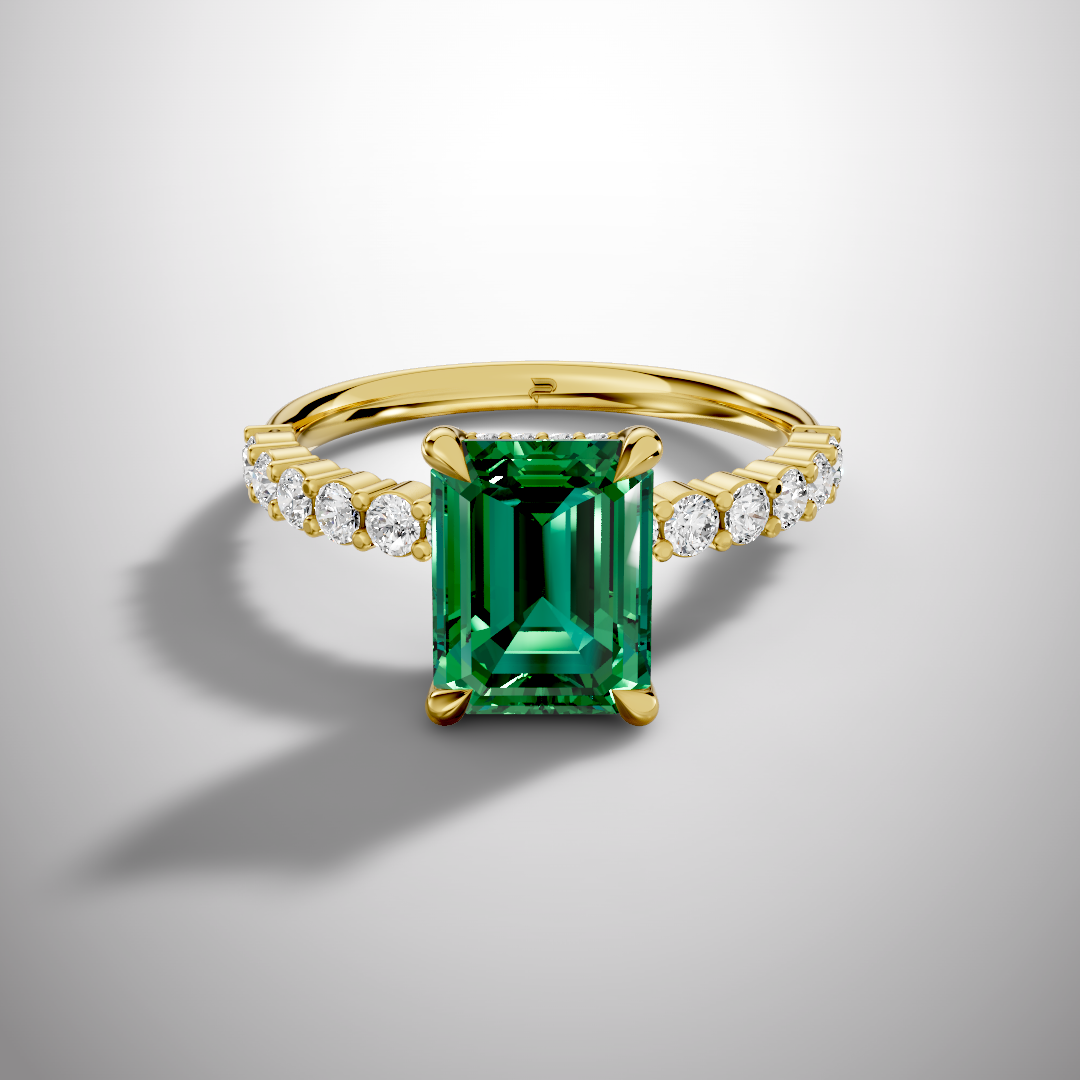 925 Silver Green Emerald Cut Moissanite Engagement Ring – Pavé Diamond Style Band | Pavia Jewels