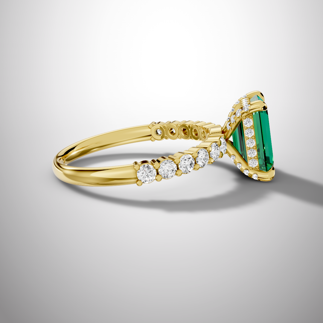 925 Silver Green Emerald Cut Moissanite Engagement Ring – Pavé Diamond Style Band | Pavia Jewels
