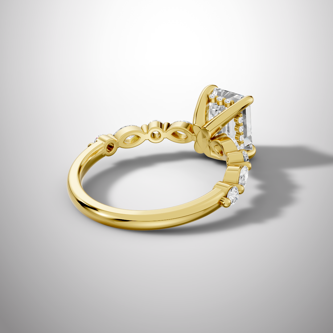 925 Silver Emerald Cut Moissanite Engagement Ring – Marquise & Round Accent Band | Pavia Jewels