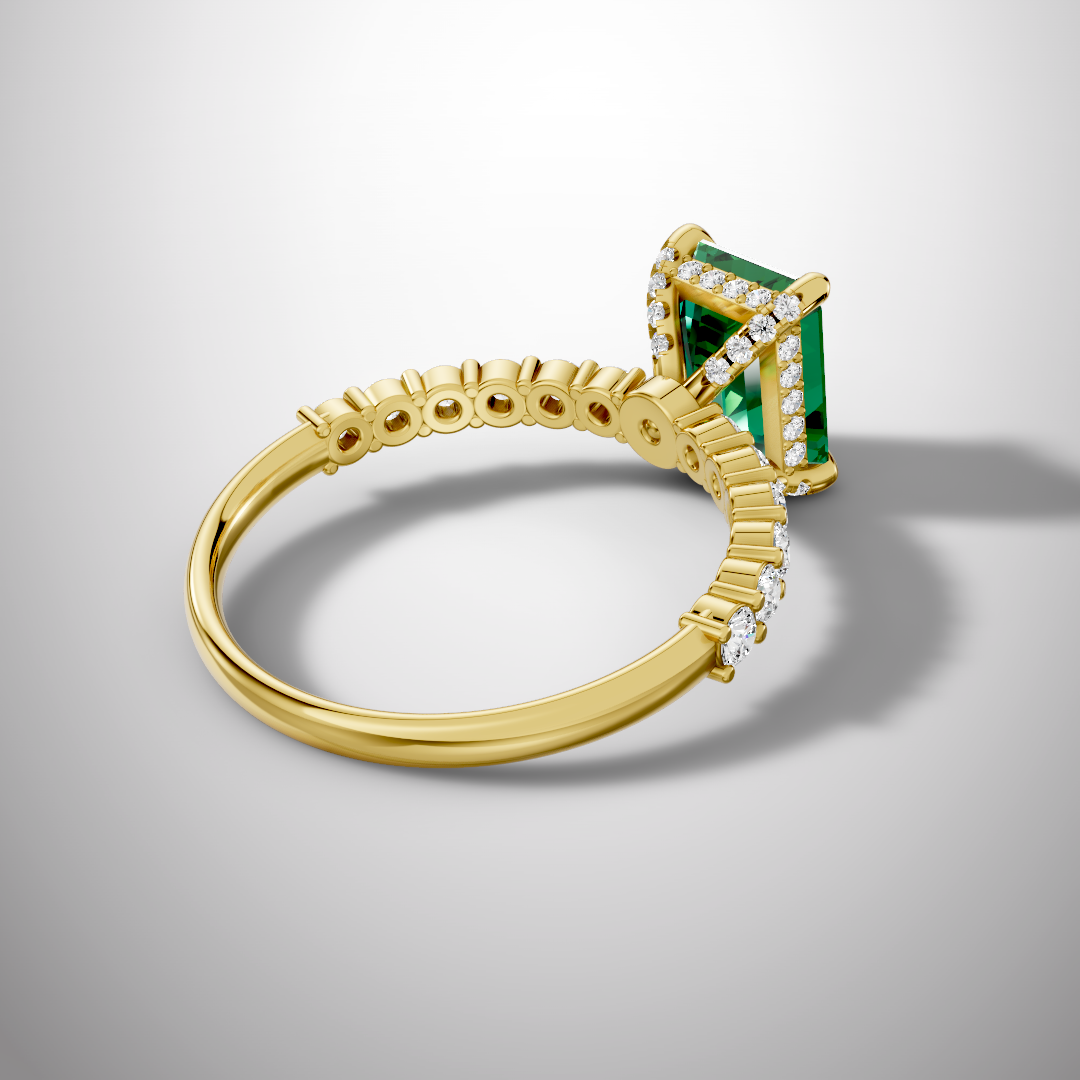 925 Silver Green Emerald Cut Moissanite Engagement Ring – Pavé Diamond Style Band | Pavia Jewels