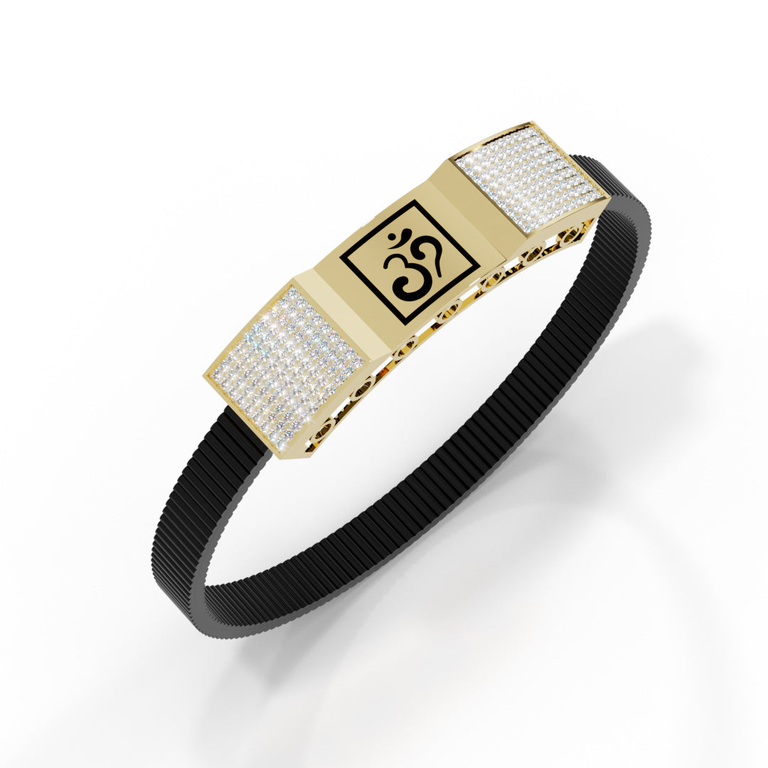 Men's White Gold Om Black Strap Bracelet