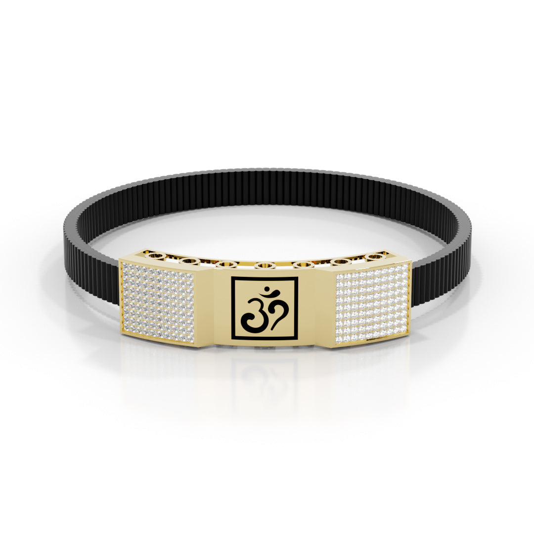 Men's White Gold Om Black Strap Bracelet