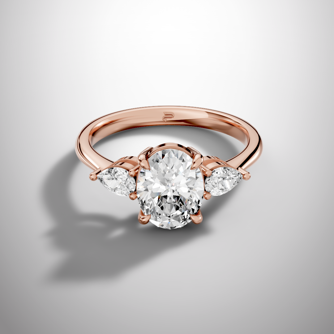 Three-Stone Oval Moissanite Engagement Ring with Pear Side Stones in 925 Sterling Silver