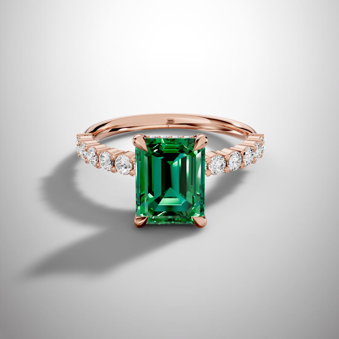925 Silver Green Emerald Cut Moissanite Engagement Ring – Pavé Diamond Style Band | Pavia Jewels