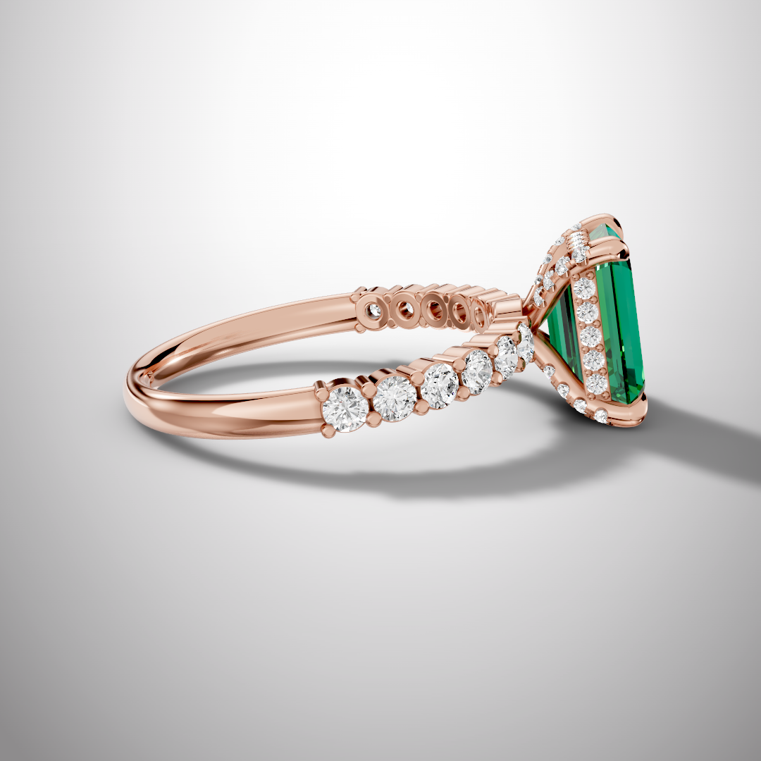 925 Silver Green Emerald Cut Moissanite Engagement Ring – Pavé Diamond Style Band | Pavia Jewels