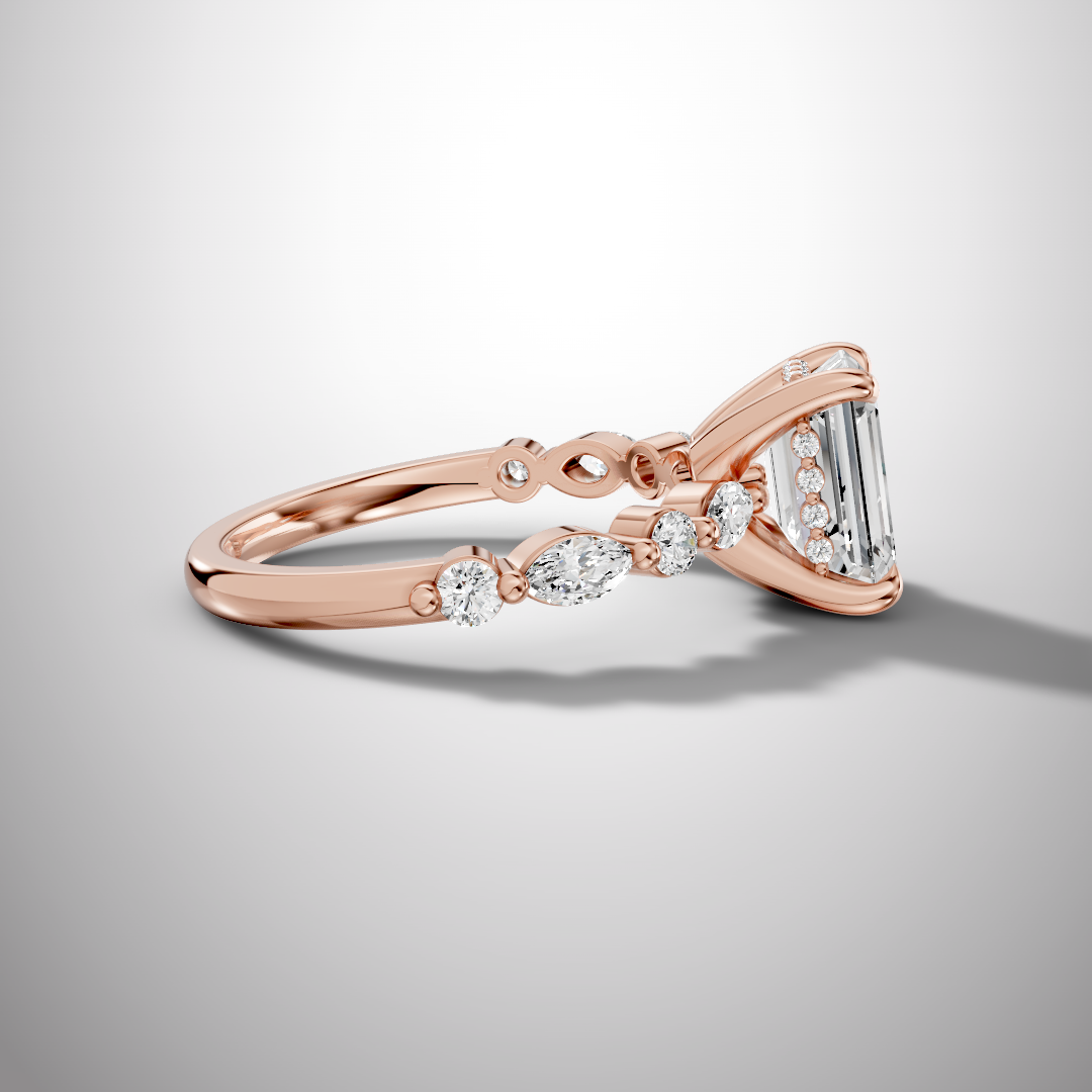925 Silver Emerald Cut Moissanite Engagement Ring – Marquise & Round Accent Band | Pavia Jewels