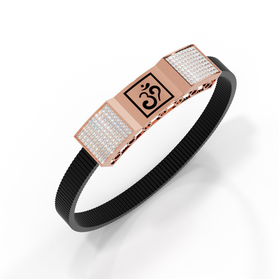 Men's White Gold Om Black Strap Bracelet