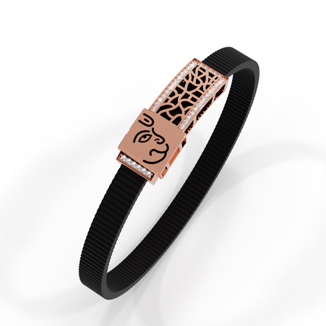 Men's White Gold Hanuman Black Strap Bracelet