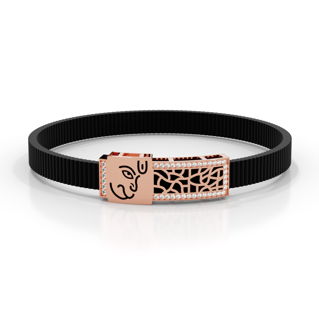 Men's White Gold Hanuman Black Strap Bracelet