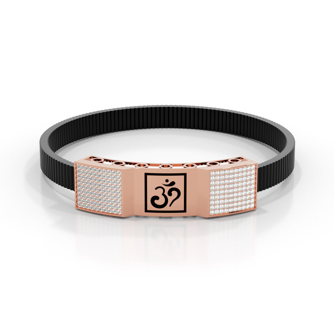 Men's White Gold Om Black Strap Bracelet