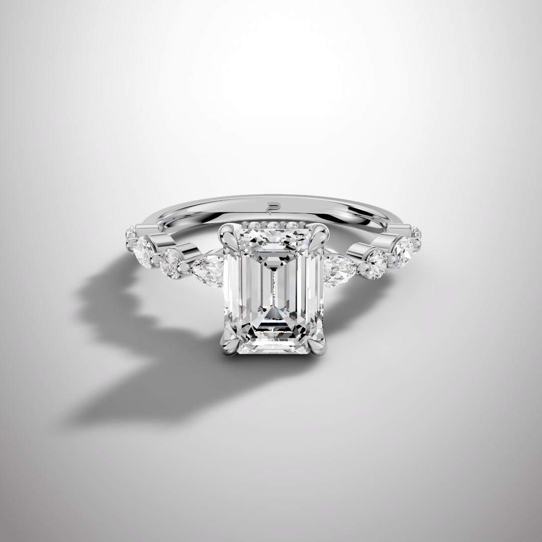 925 Silver Emerald Cut Moissanite Engagement Ring – Marquise & Round Accent Band | Pavia Jewels