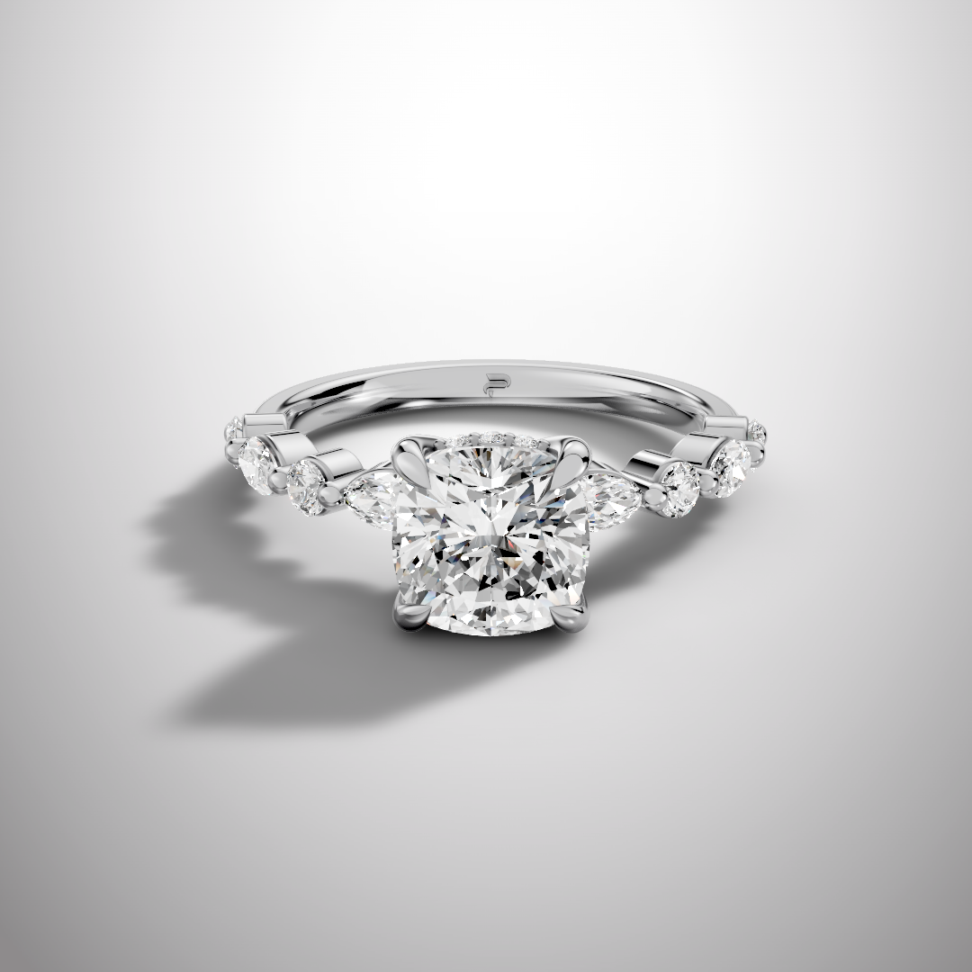 925 Silver Cushion Cut Moissanite Engagement Ring – Marquise & Round Accent Band | Pavia Jewels