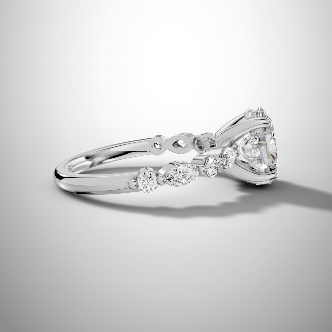 925 Silver Oval Cut Moissanite Engagement Ring – Marquise & Round Accent Band | Pavia Jewels