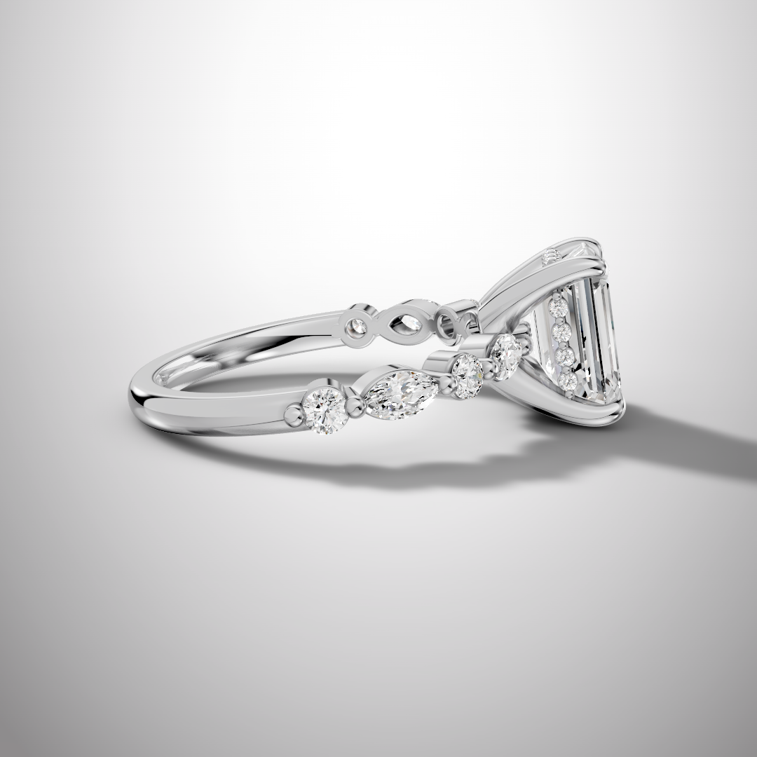 925 Silver Emerald Cut Moissanite Engagement Ring – Marquise & Round Accent Band | Pavia Jewels