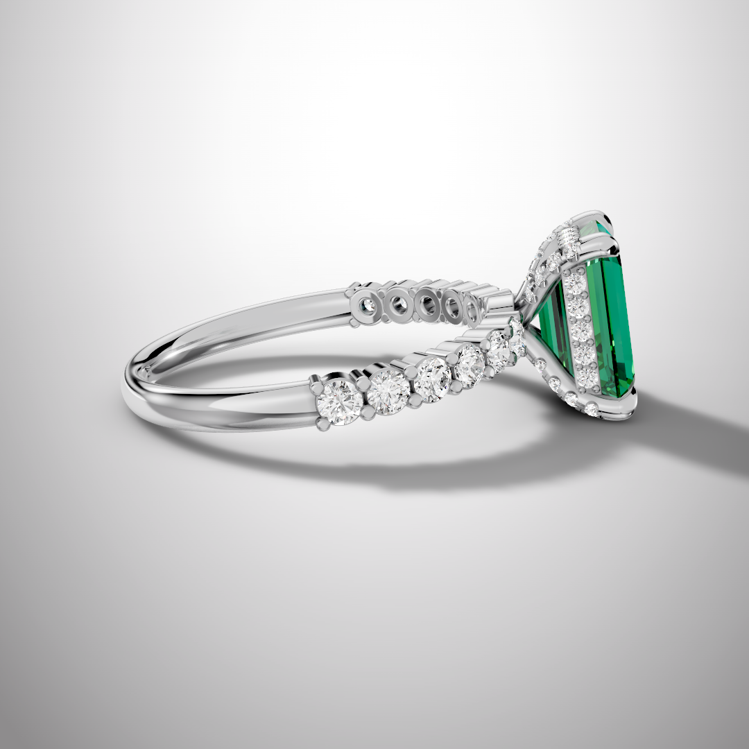 925 Silver Green Emerald Cut Moissanite Engagement Ring – Pavé Diamond Style Band | Pavia Jewels