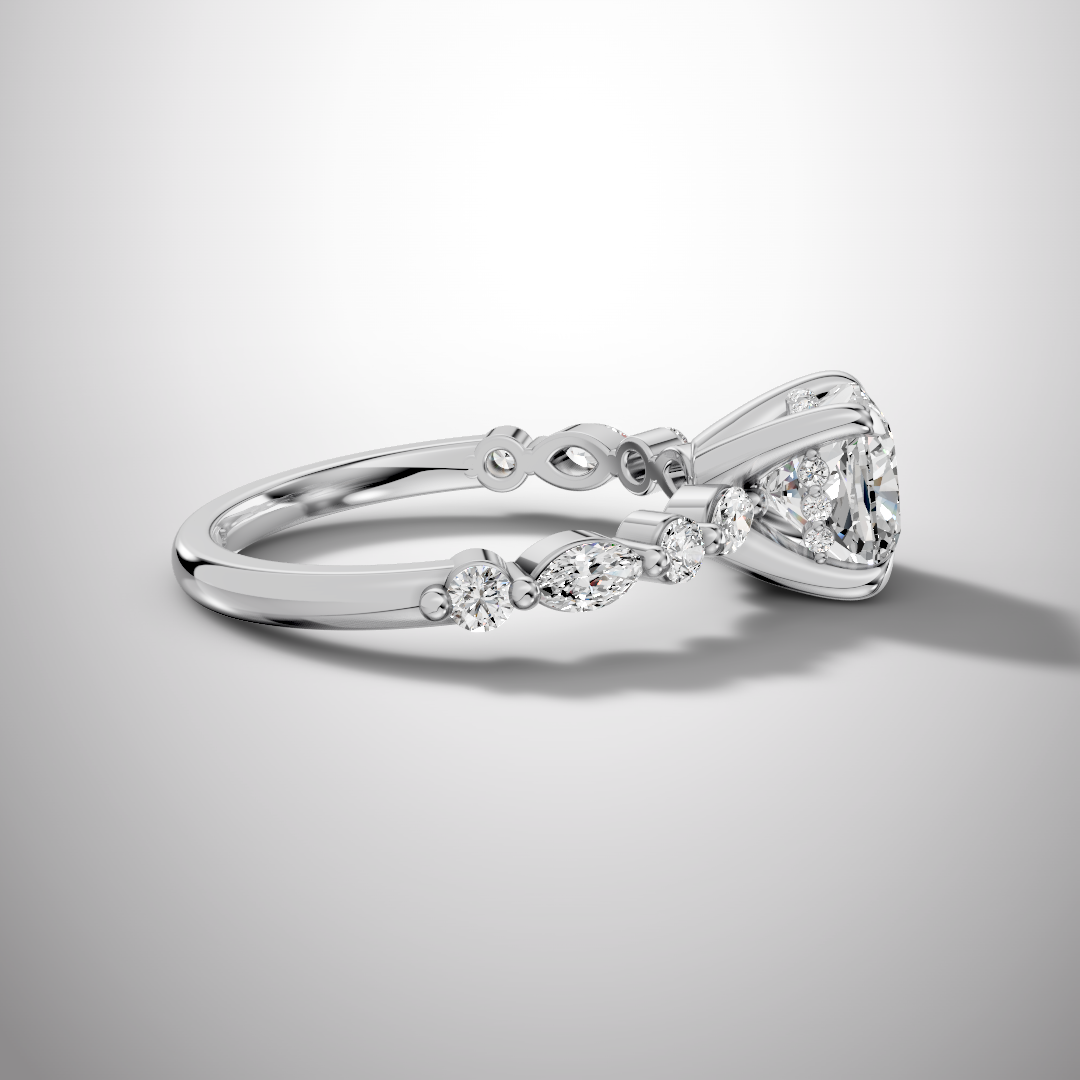925 Silver Cushion Cut Moissanite Engagement Ring – Marquise & Round Accent Band | Pavia Jewels