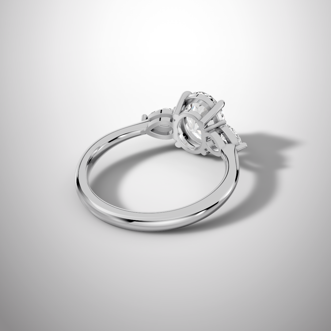Three-Stone Oval Moissanite Engagement Ring with Pear Side Stones in 925 Sterling Silver