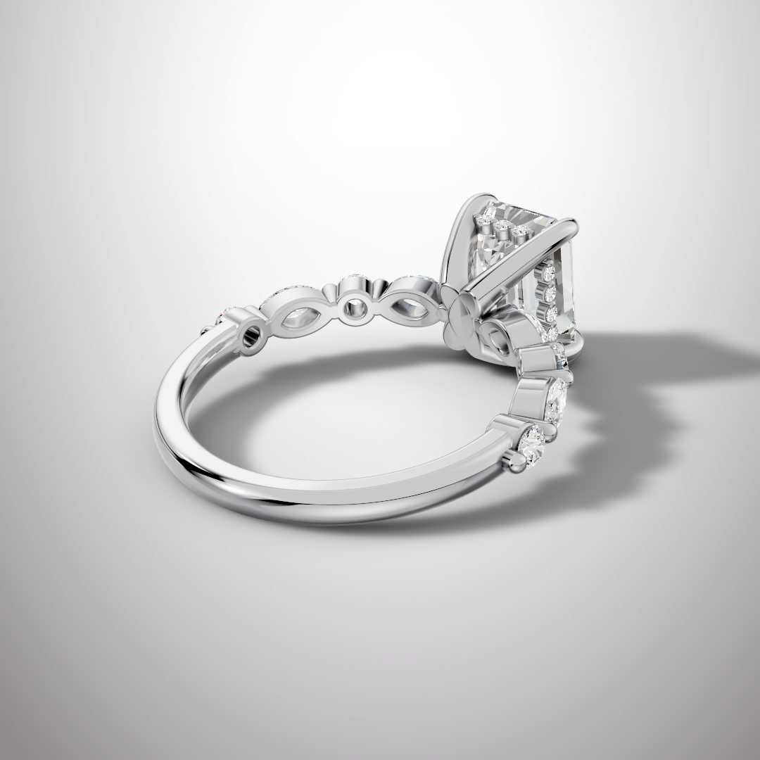 925 Silver Emerald Cut Moissanite Engagement Ring – Marquise & Round Accent Band | Pavia Jewels