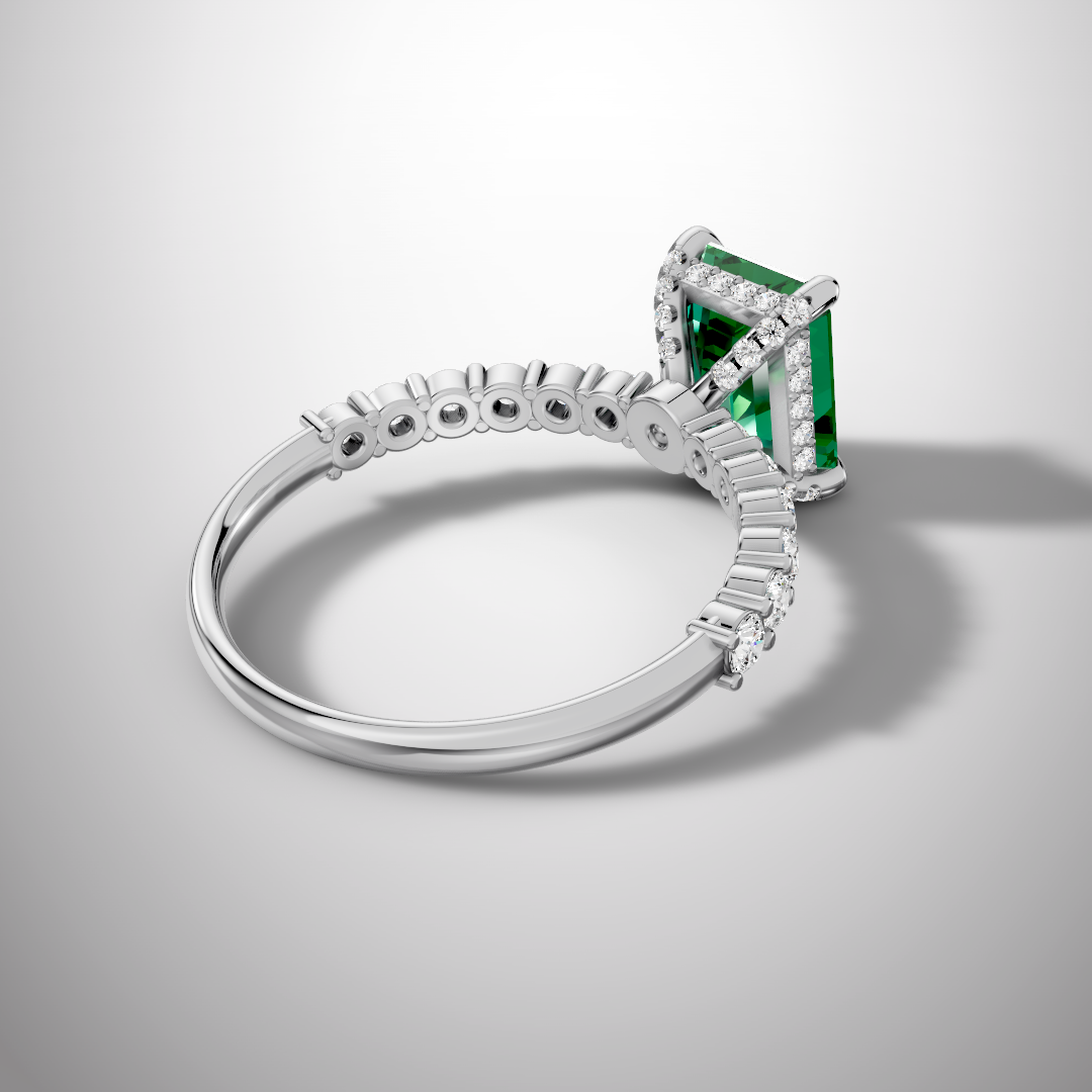 925 Silver Green Emerald Cut Moissanite Engagement Ring – Pavé Diamond Style Band | Pavia Jewels