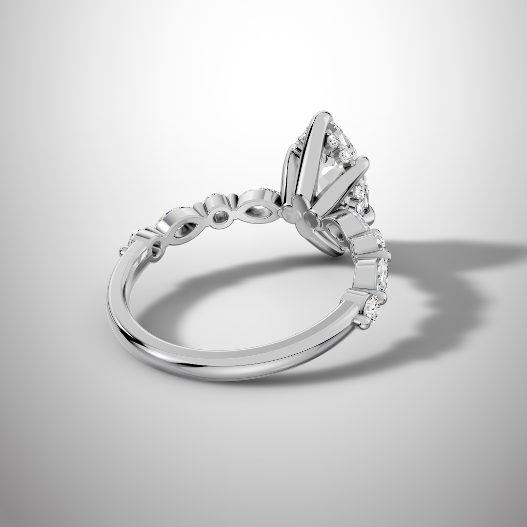 925 Silver Marquise Cut Moissanite Engagement Ring – Marquise & Round Accent Band | Pavia Jewels
