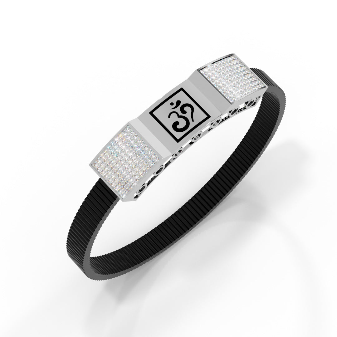 Men's White Gold Om Black Strap Bracelet