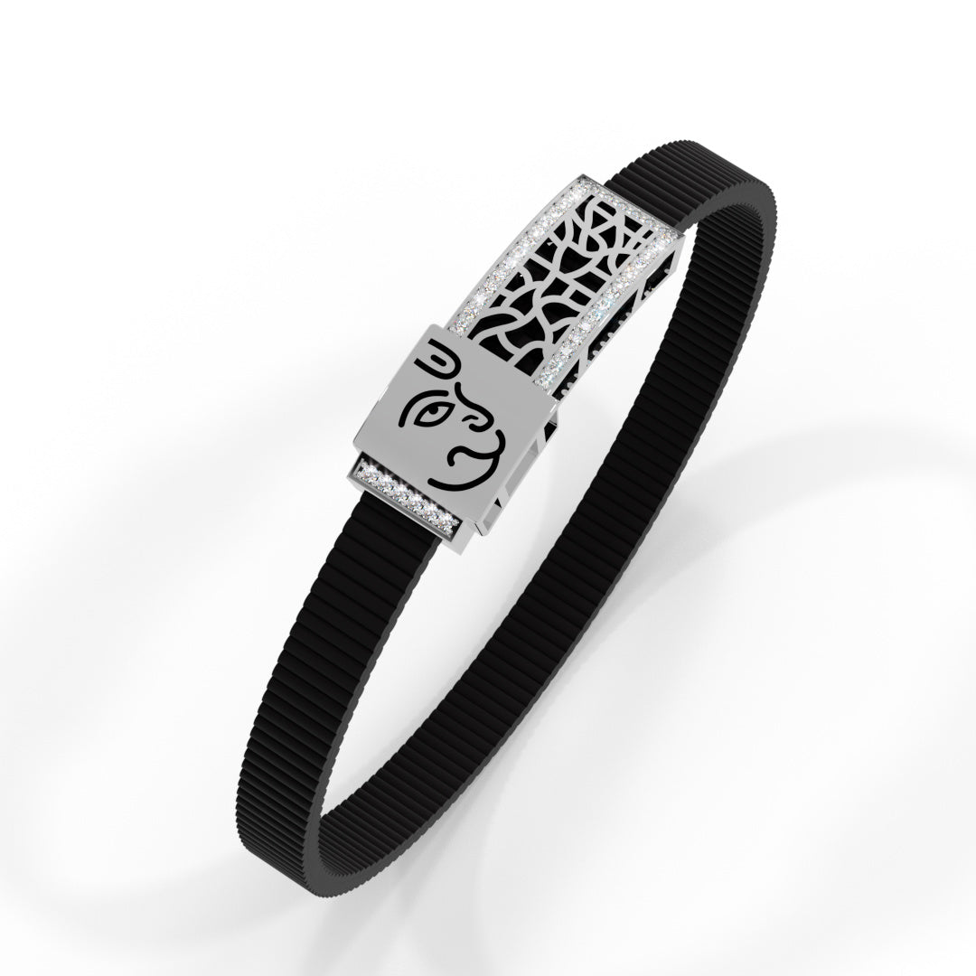 Men's White Gold Hanuman Black Strap Bracelet