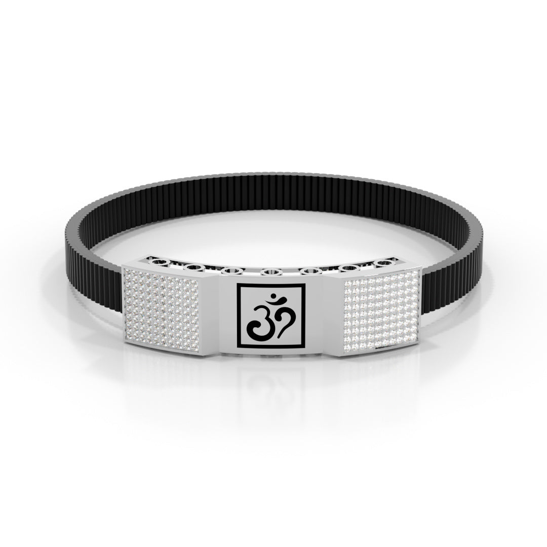 Men's White Gold Om Black Strap Bracelet