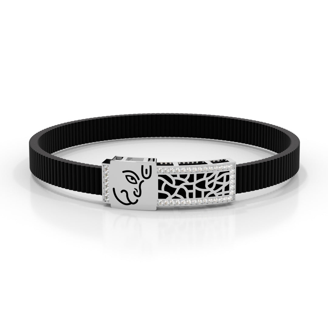 Men's White Gold Hanuman Black Strap Bracelet