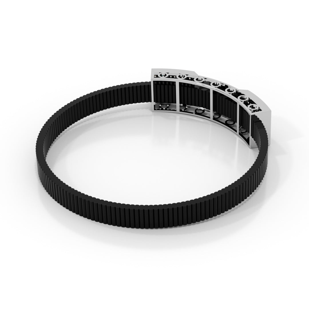 Men's White Gold Om Black Strap Bracelet