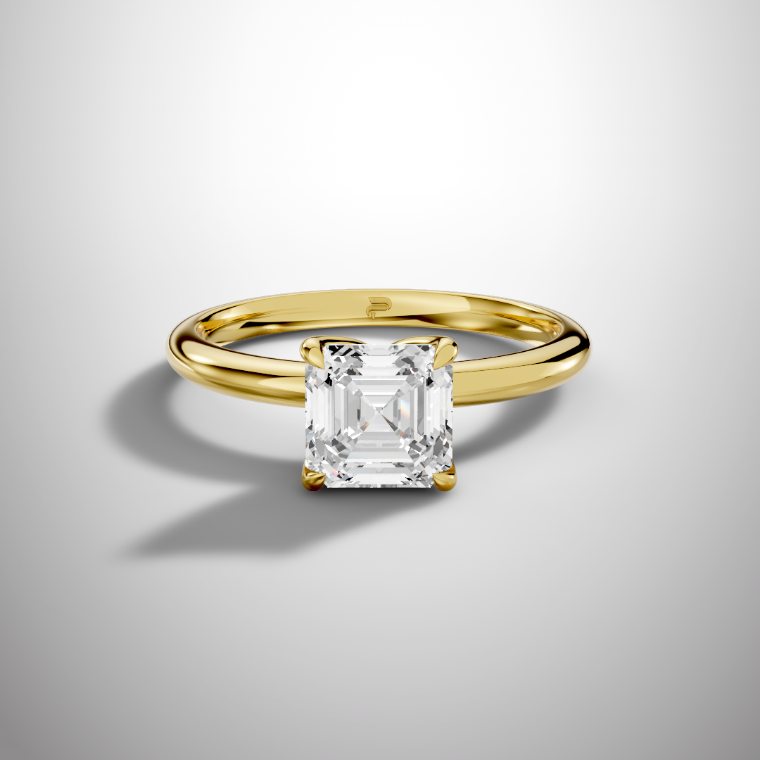 Asscher cut moissanite engagement ring in yellow gold classic solitaire design