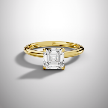 Asscher cut moissanite engagement ring in yellow gold classic solitaire design