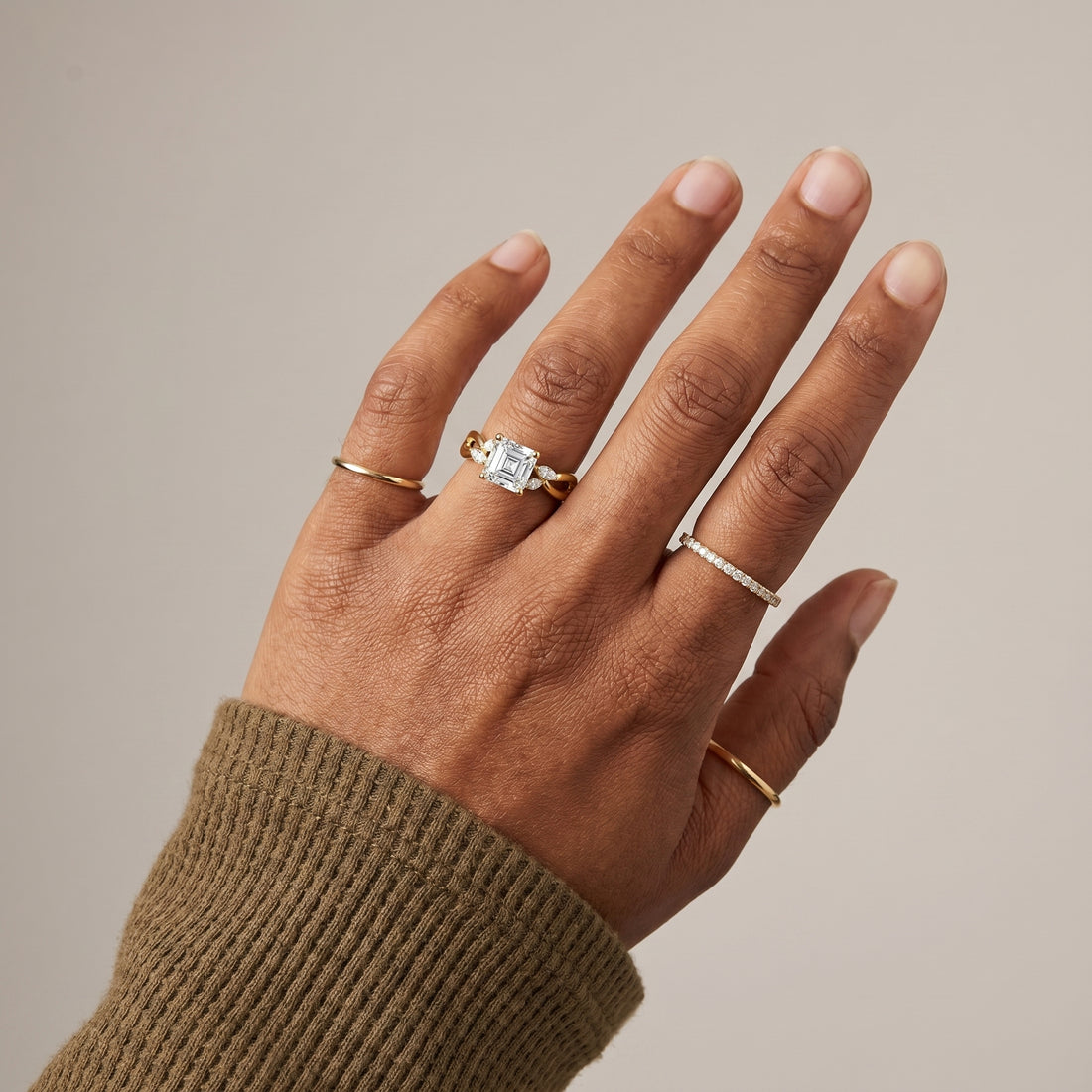 1.5 carat Asscher cut moissanite infinity ring in 925 sterling silver front view