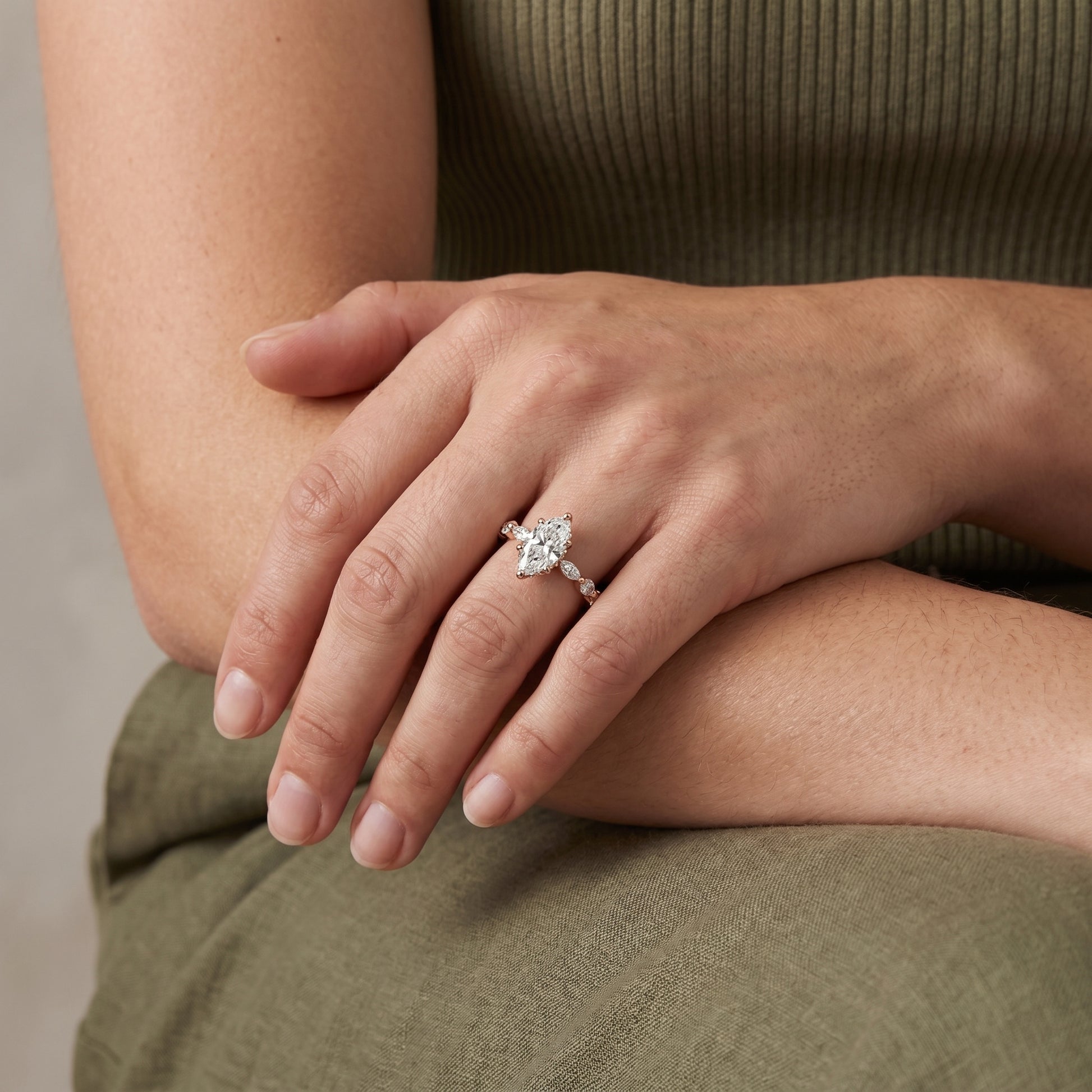 Luxury marquise cut moissanite solitaire ring with side stones in 925 silver
