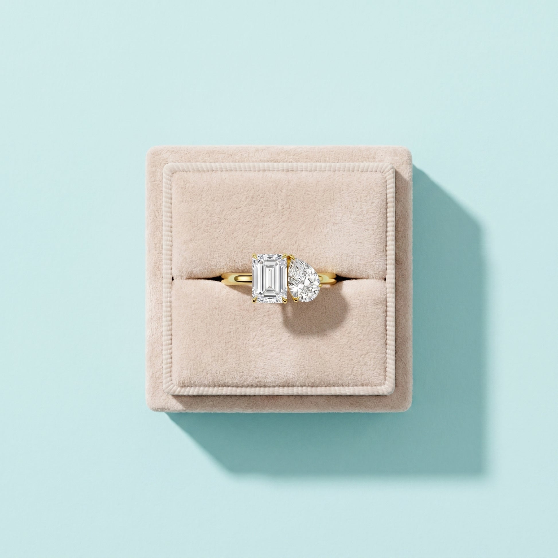Luxury Toi et Moi moissanite ring in jewelry box presentation