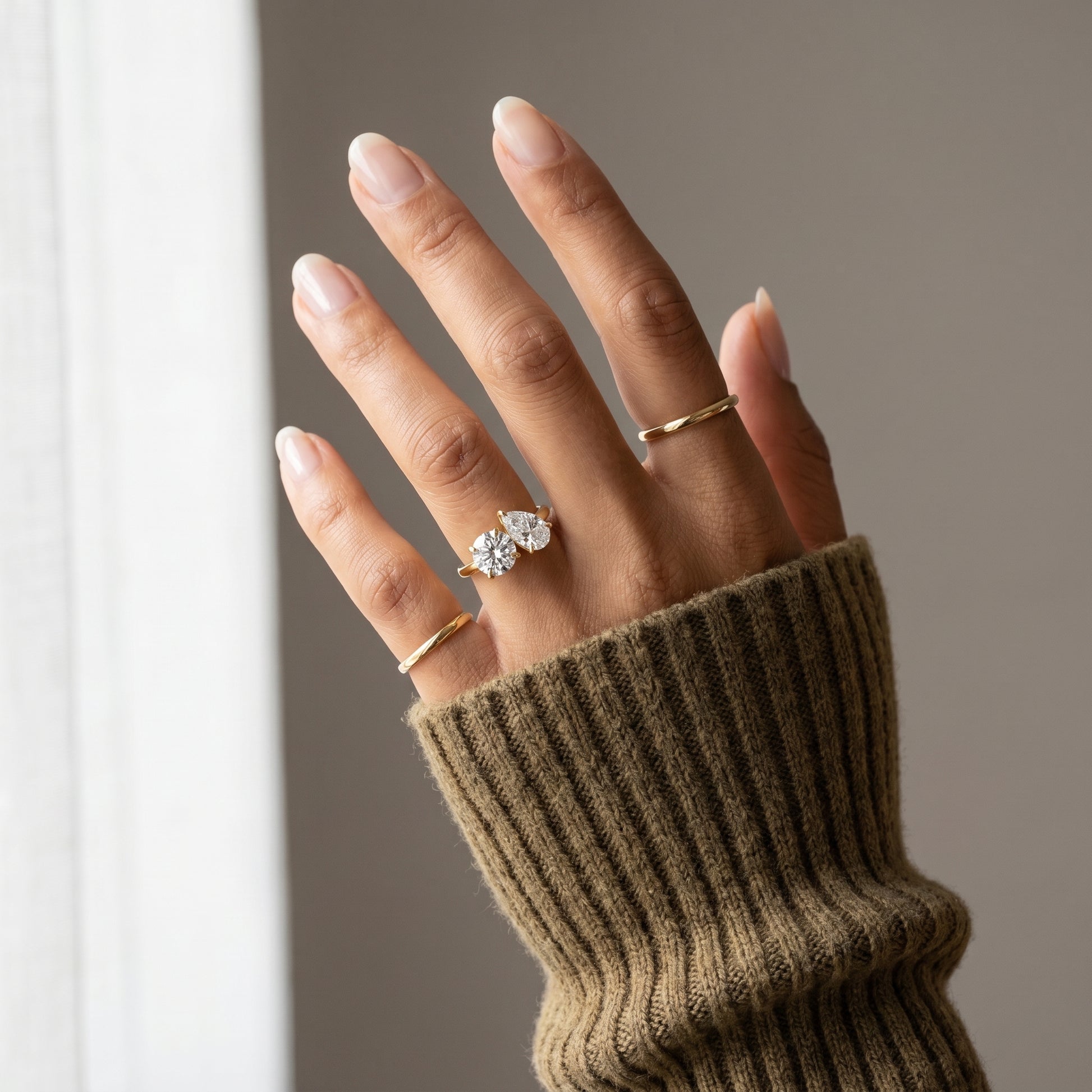 Premium round and pear moissanite engagement ring minimalist luxury style