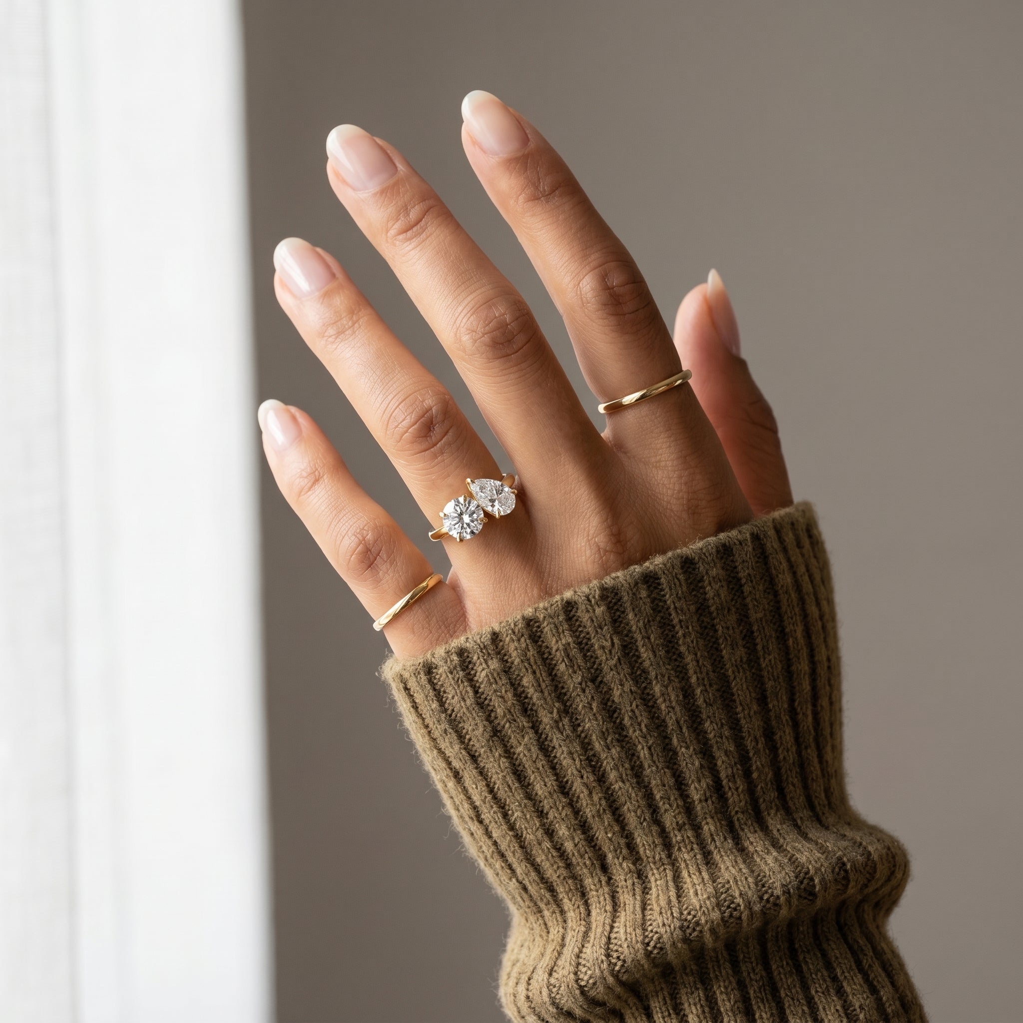 Premium round and pear moissanite engagement ring minimalist luxury style