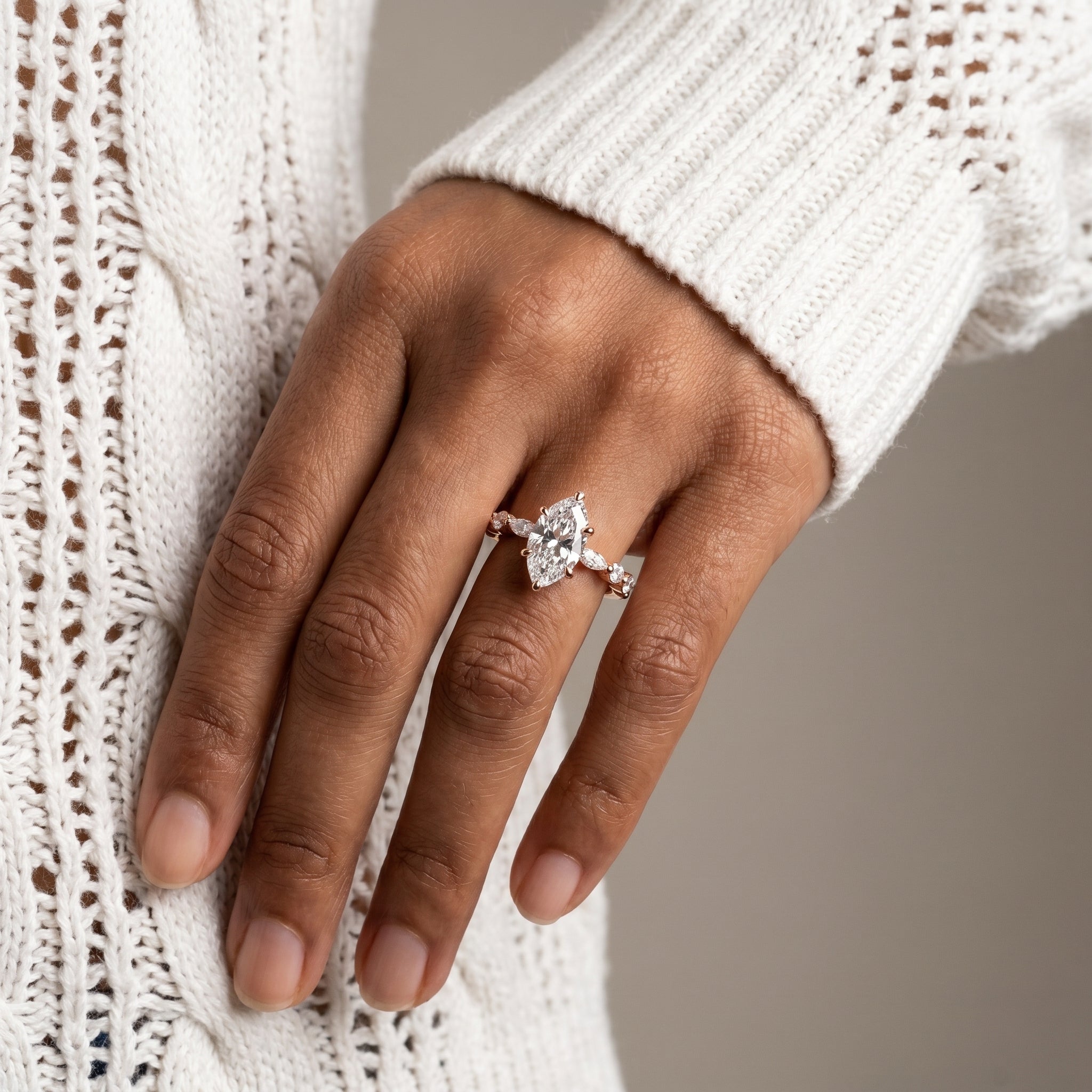 Marquise cut moissanite engagement ring in sterling silver natural light
