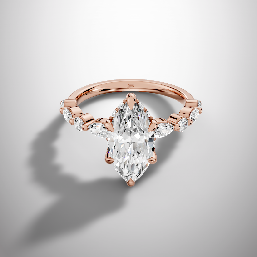 Marquise cut moissanite solitaire ring with hidden halo and side stones in 925 sterling silver front view