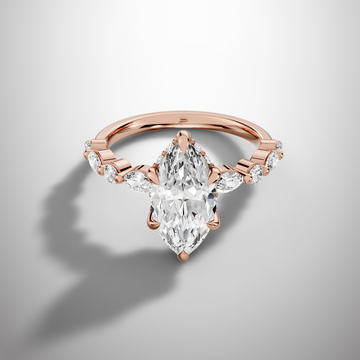 Marquise cut moissanite solitaire ring with hidden halo and side stones in 925 sterling silver front view