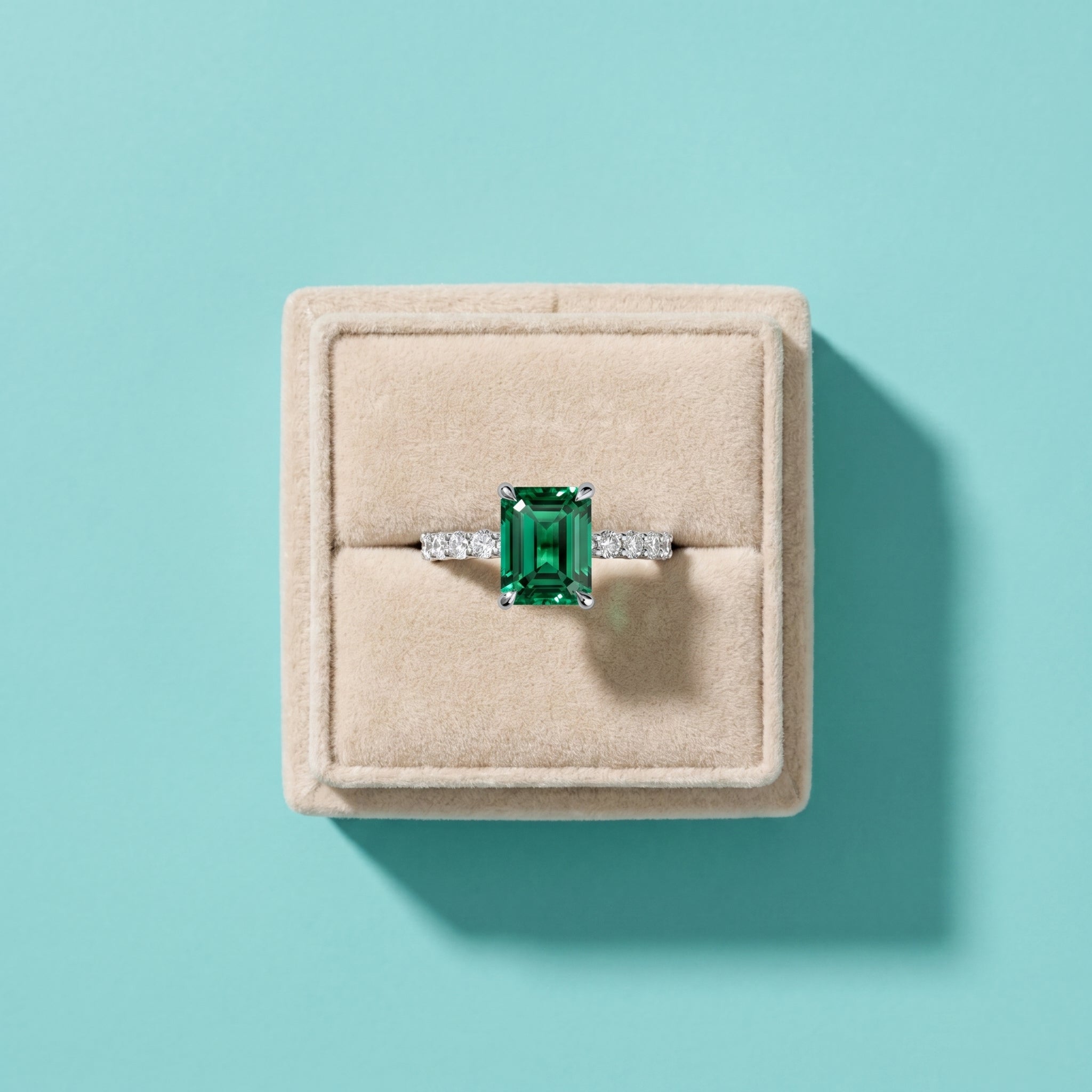 925 Silver Green Emerald Cut Moissanite Engagement Ring – Pavé Diamond Style Band | Pavia Jewels